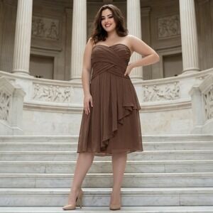 Brown Strapless Ruched‎ Chiffon Cocktail Dress Plus Size 22